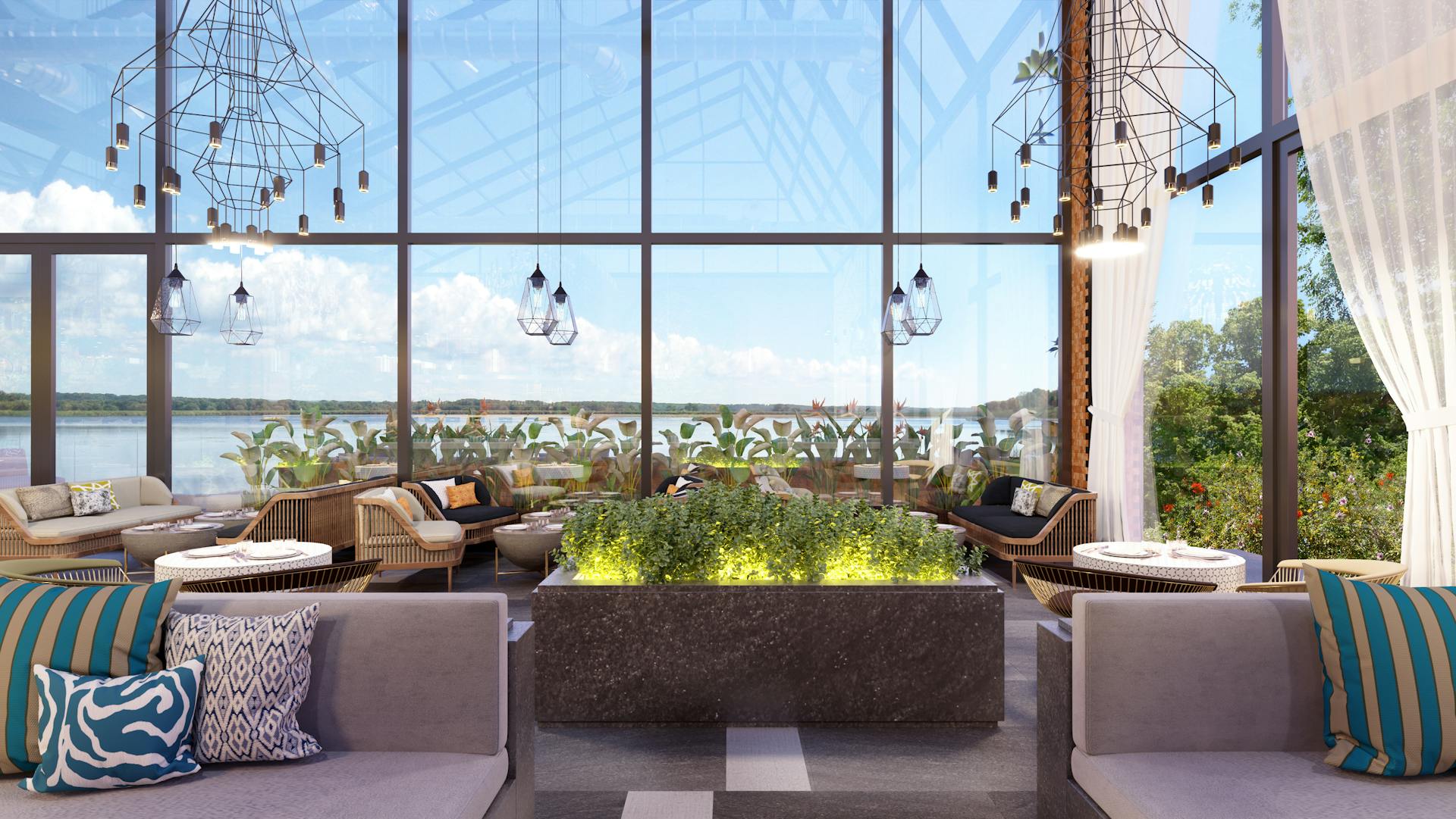 Modern restaurant interior with industrial design