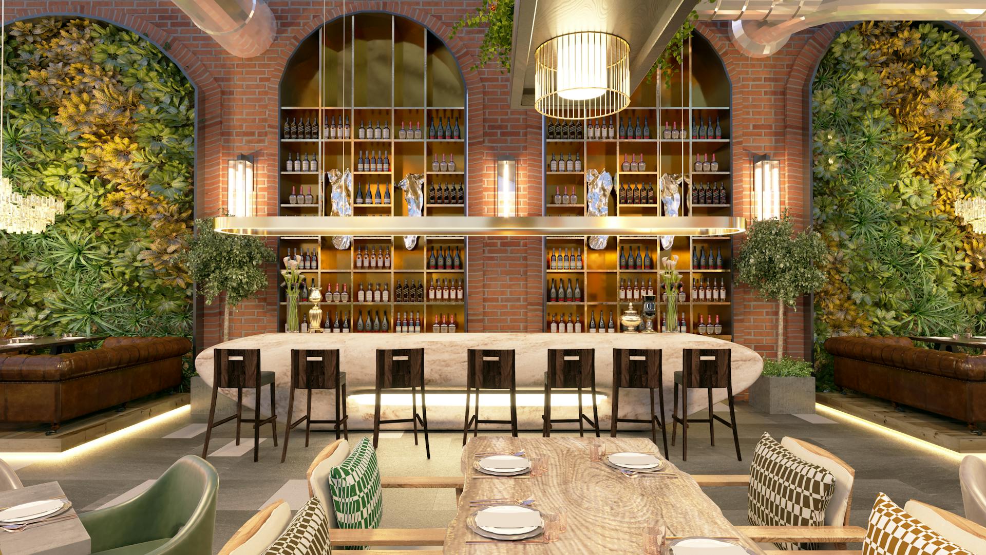 Elegant lounge with warm lighting and bar seating